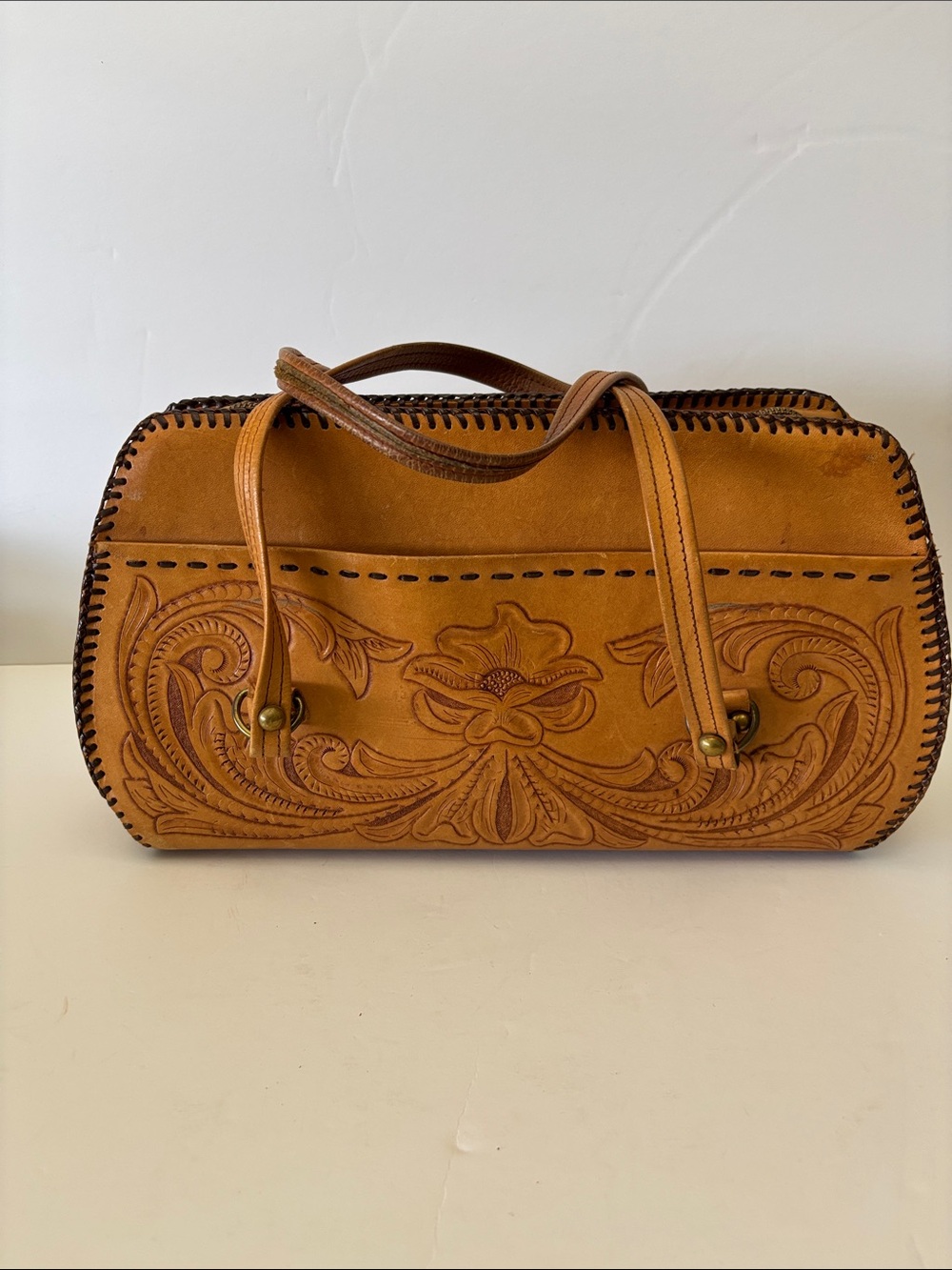 Vintage Tan Hand-Tooled Leather Shoulder Bag
